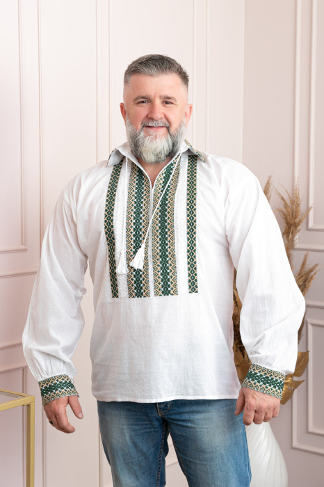 Camasa barbateasca traditionala alba cu motiv geometric verde Horia 03 [4]