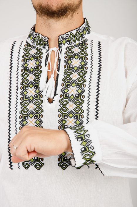 Camasa barbateasca traditionala alba cu motiv geometric verde Luca 02 [2]