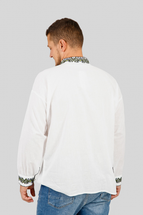 Camasa barbateasca traditionala alba cu motiv geometric verde Luca 02 [3]