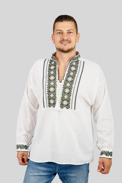 Camasa barbateasca traditionala alba cu motiv geometric verde Luca 02 [4]
