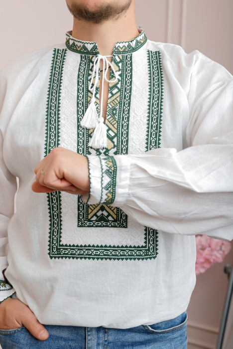 Camasa barbateasca traditionala alba cu motiv geometric verde Matei [2]