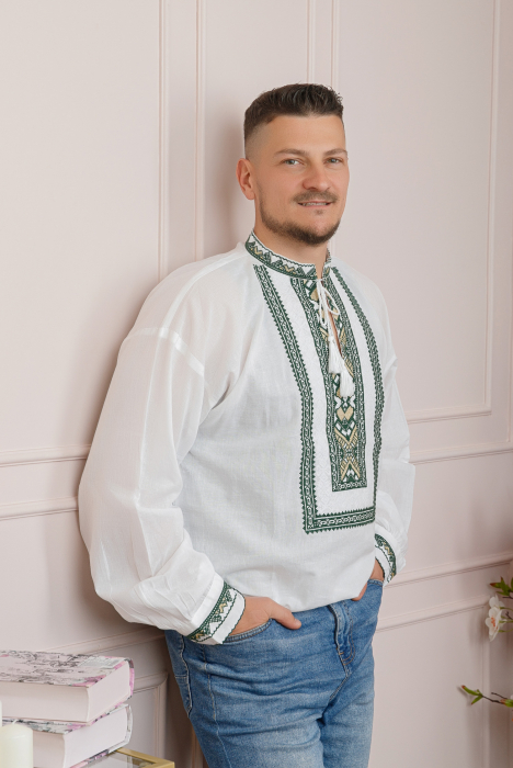 Camasa barbateasca traditionala alba cu motiv geometric verde Matei [3]