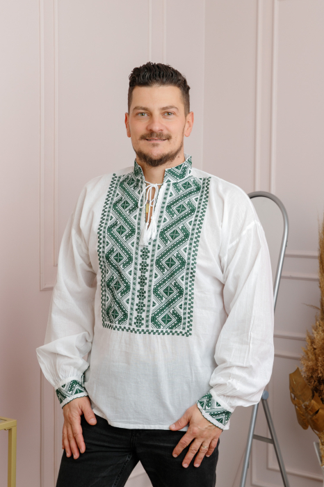 Camasa barbateasca traditionala alba cu motiv geometric verde Sebastian 01 [4]