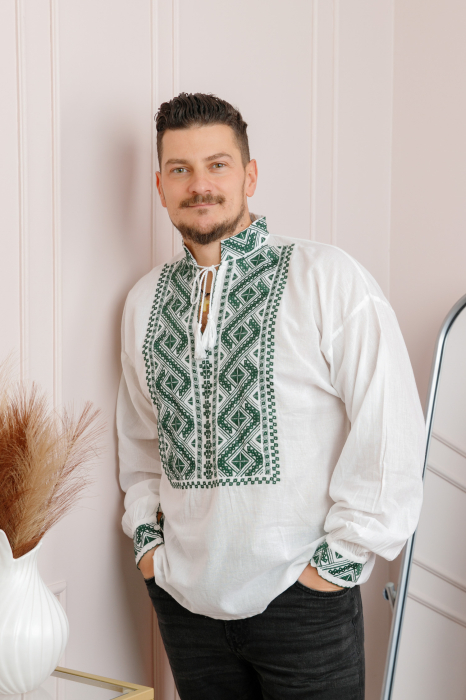 Camasa barbateasca traditionala alba cu motiv geometric verde Sebastian 01 [3]