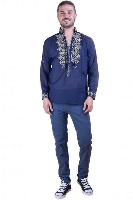 Camasa barbateasca traditionala albastra cu motiv geometric crem Albert [4]