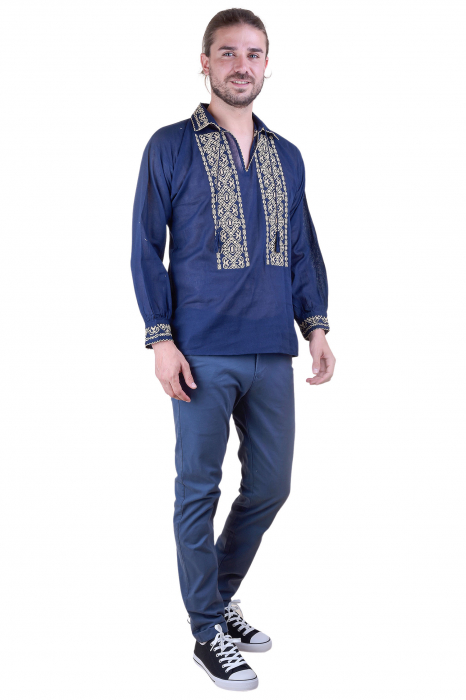 Camasa barbateasca traditionala albastra cu motiv geometric crem Iulian 01 [2]