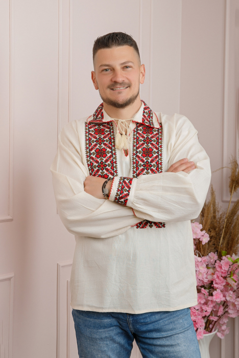 Camasa barbateasca traditionala crem cu motiv floral rosu Iosif 02 [4]