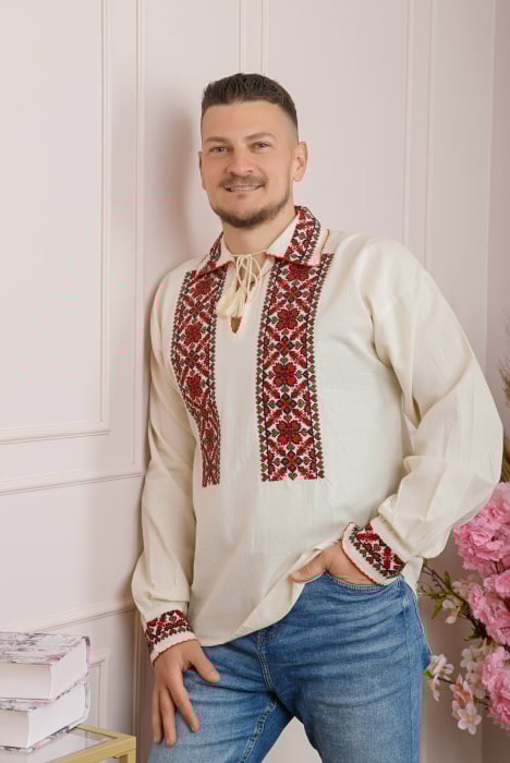 Camasa barbateasca traditionala crem cu motiv floral rosu Iosif 02 [3]