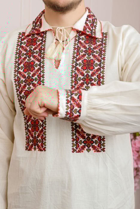 Camasa barbateasca traditionala crem cu motiv floral rosu Iosif 02 [2]
