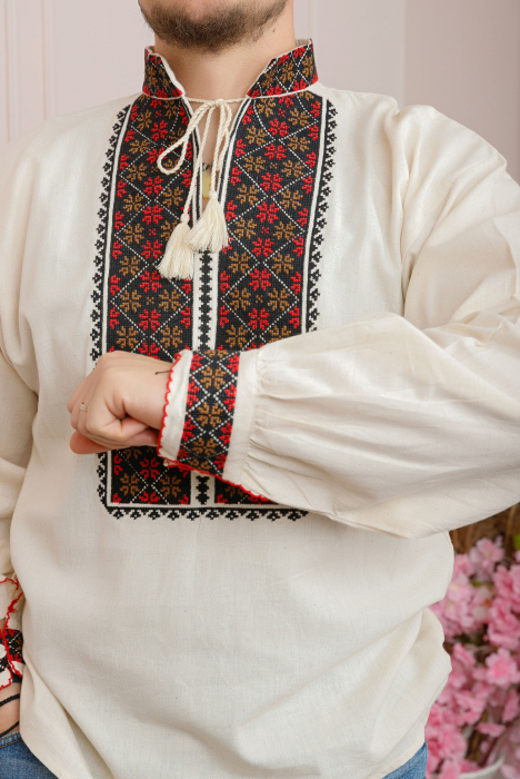 Camasa barbateasca traditionala crem cu motiv floral rosu Radu [2]