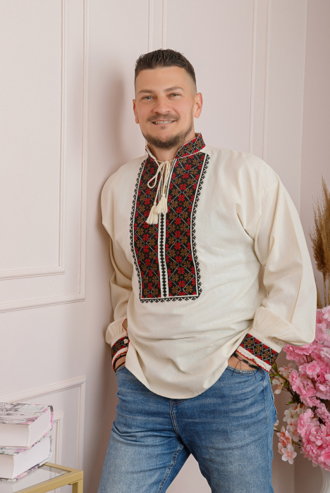 Camasa barbateasca traditionala crem cu motiv floral rosu Radu [4]