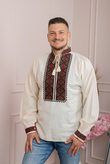 Camasa barbateasca traditionala crem cu motiv floral rosu Radu [3]