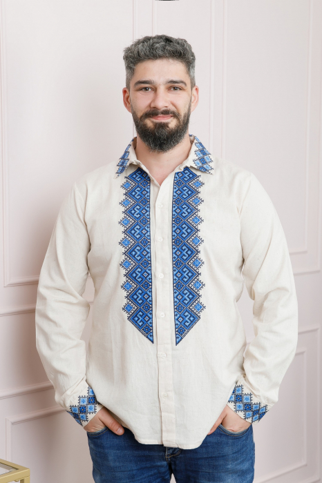 Camasa barbateasca traditionala crem cu motiv geometric albastru Petru 05 [3]