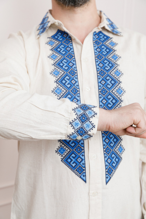 Camasa barbateasca traditionala crem cu motiv geometric albastru Petru 05 [2]