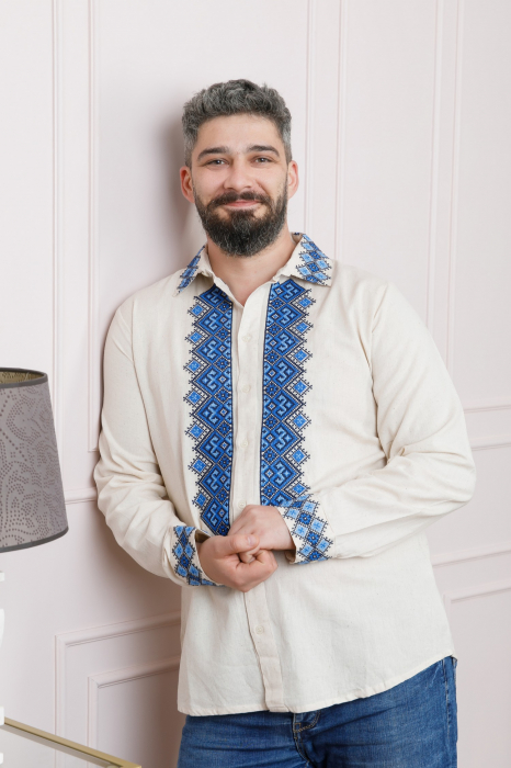 Camasa barbateasca traditionala crem cu motiv geometric albastru Petru 05 [4]