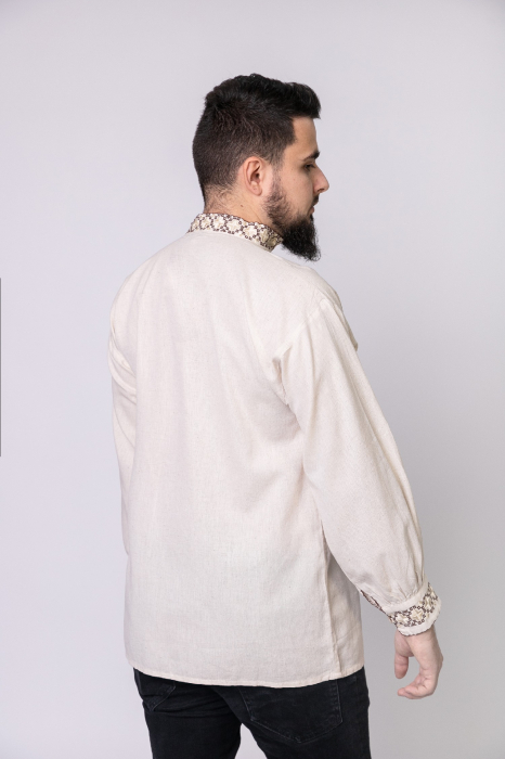 Camasa barbateasca traditionala crem cu motiv geometric auriu Cezar 01 [4]