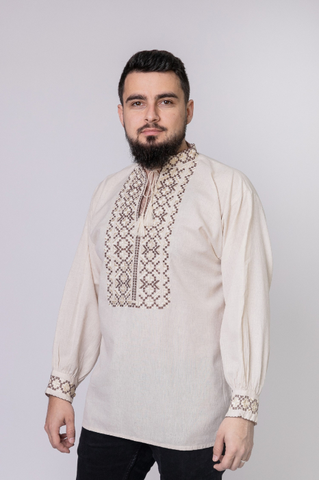 Camasa barbateasca traditionala crem cu motiv geometric auriu Cezar 01 [3]
