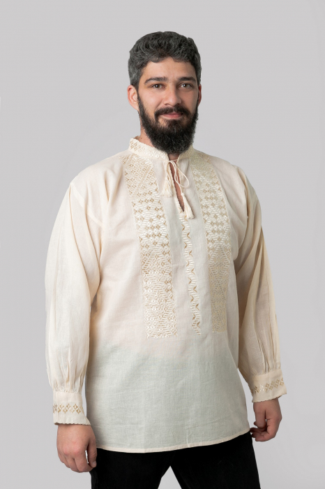 Camasa barbateasca traditionala crem cu motiv geometric auriu Iacob 02 [4]