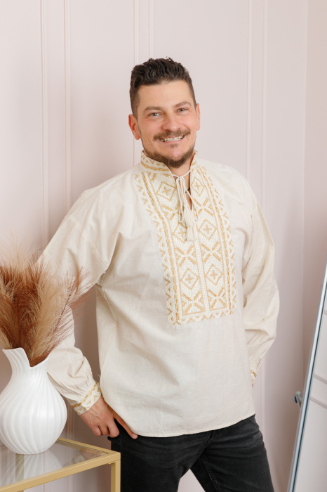 Camasa barbateasca traditionala crem cu motiv geometric auriu Silviu 02 [3]