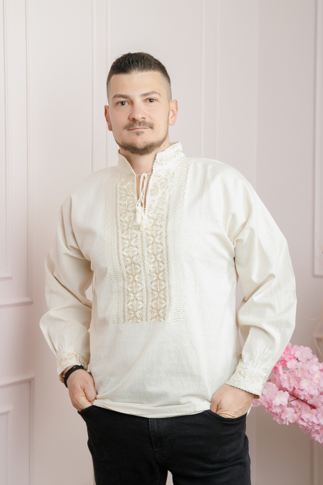 Camasa barbateasca traditionala crem cu motiv geometric auriu Teodor 01 [4]