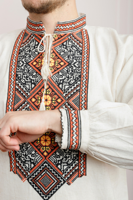 Camasa barbateasca traditionala crem cu motiv geometric orange Fabian [2]