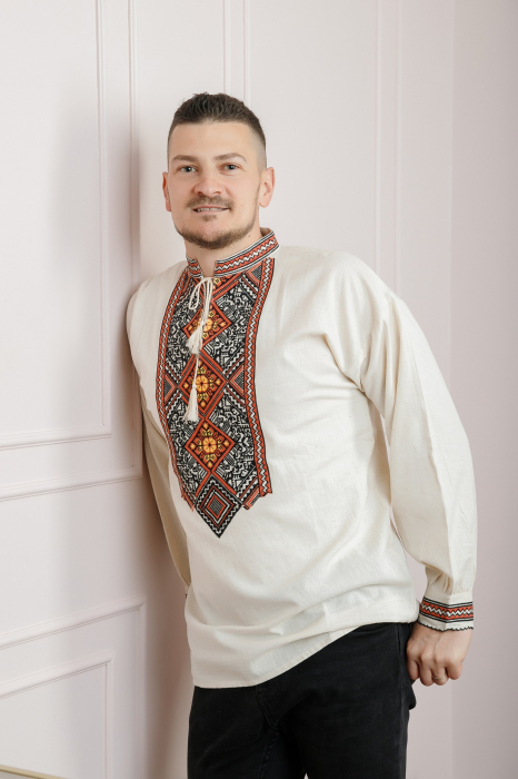 Camasa barbateasca traditionala crem cu motiv geometric orange Fabian [3]