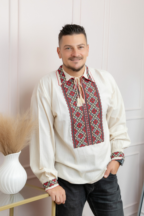 Camasa barbateasca traditionala crem cu motiv geometric rosu Laurentiu [3]