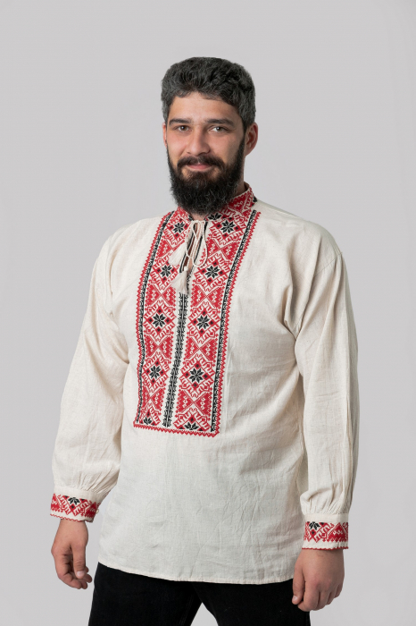Camasa barbateasca traditionala crem cu motiv geometric rosu Paul 01 [4]