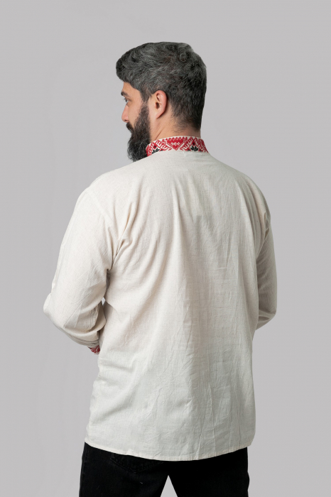 Camasa barbateasca traditionala crem cu motiv geometric rosu Paul 01 [3]