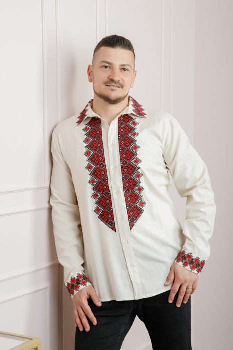 Camasa barbateasca traditionala crem cu motiv geometric rosu Petru 04 [4]