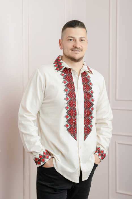 Camasa barbateasca traditionala crem cu motiv geometric rosu Petru 04 [3]