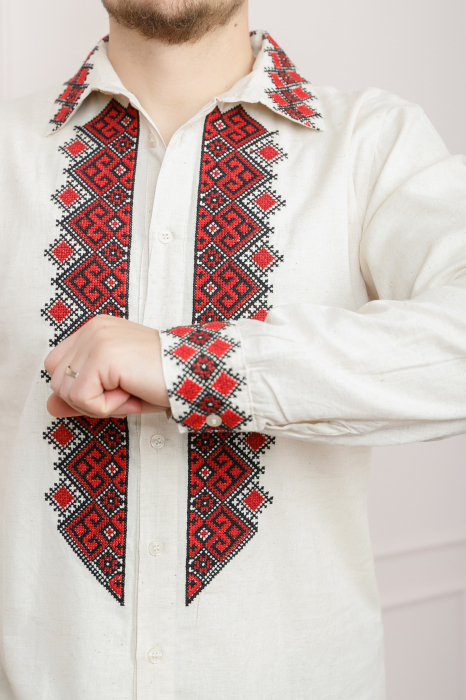 Camasa barbateasca traditionala crem cu motiv geometric rosu Petru 04 [2]