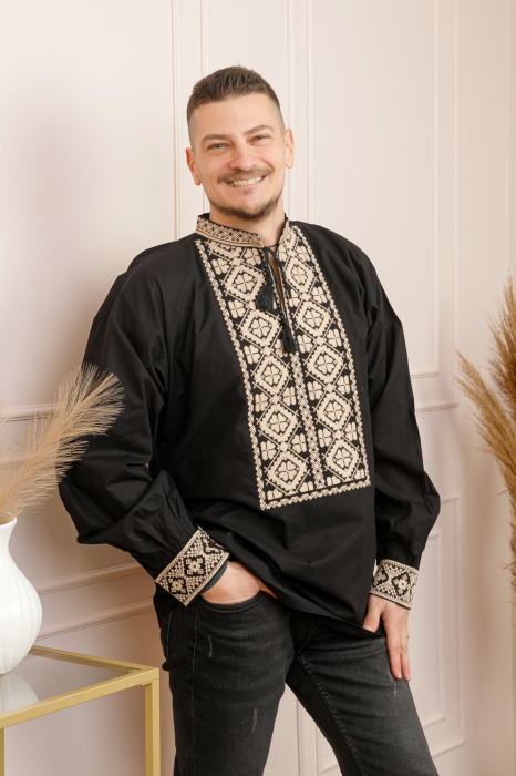 Camasa barbateasca traditionala neagra cu motiv floral crem Filip [3]
