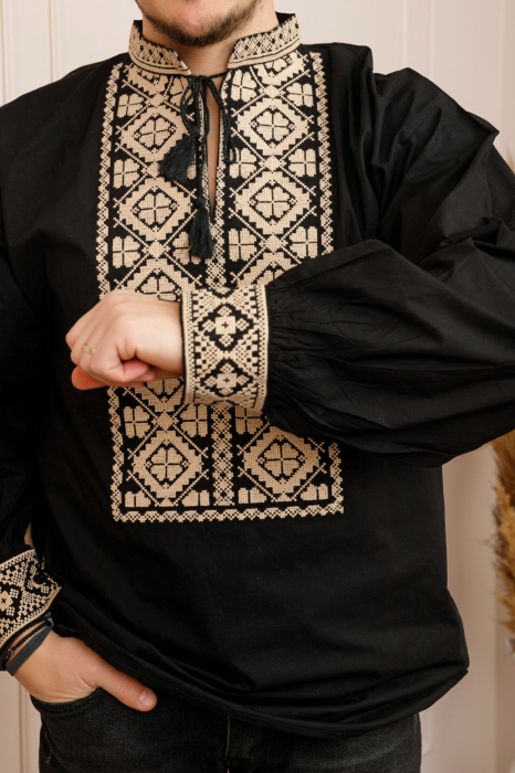 Camasa barbateasca traditionala neagra cu motiv floral crem Filip [2]