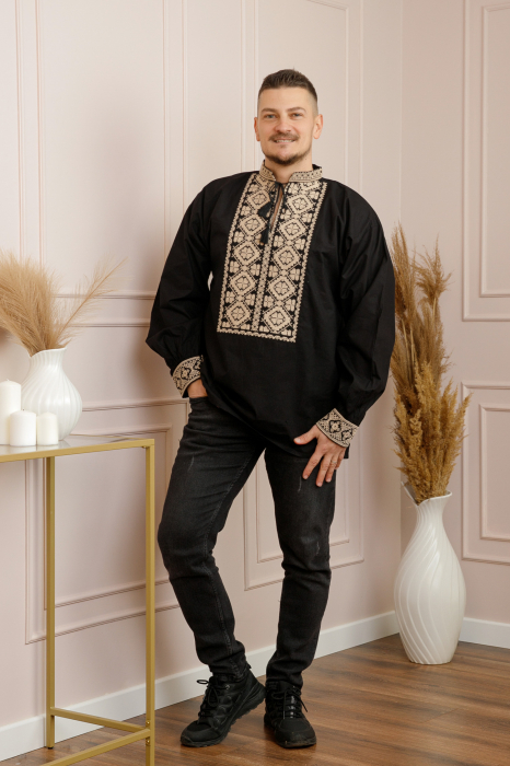Camasa barbateasca traditionala neagra cu motiv floral crem Filip [4]