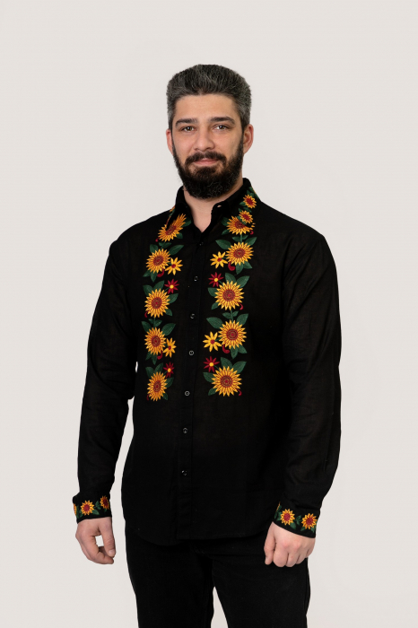 Camasa barbateasca traditionala neagra cu motiv floral galben Darius [4]