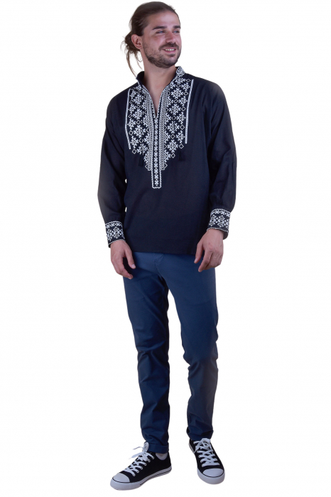 Camasa barbateasca traditionala neagra cu motiv geometric alb Tudor [4]