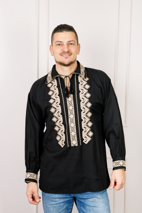 Camasa barbateasca traditionala neagra cu motiv geometric crem Petru 03 [3]