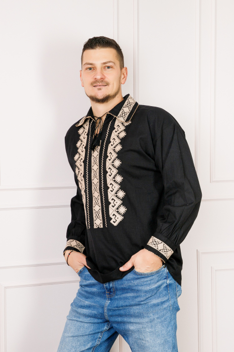 Camasa barbateasca traditionala neagra cu motiv geometric crem Petru 03 [4]
