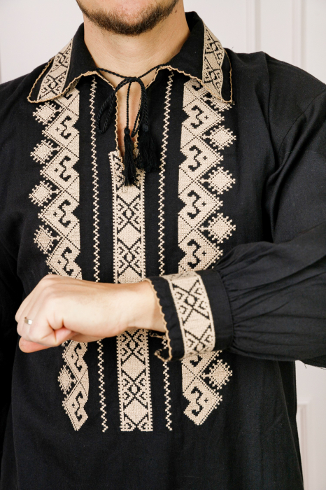 Camasa barbateasca traditionala neagra cu motiv geometric crem Petru 03 [2]