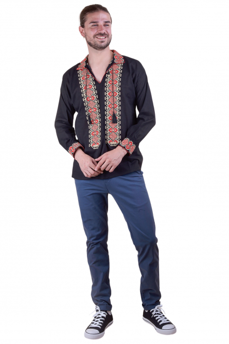 Camasa barbateasca traditionala neagra cu motiv geometric multicolor Constantin [5]