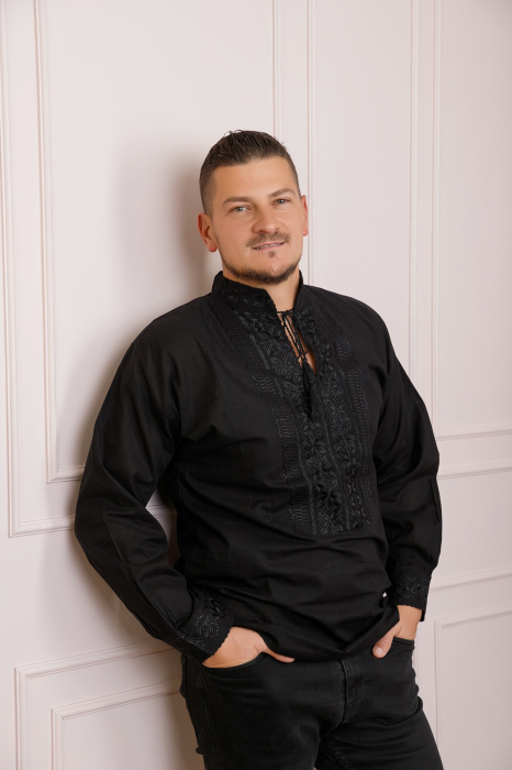 Camasa barbateasca traditionala neagra cu motiv geometric negru Teodor 02 [3]
