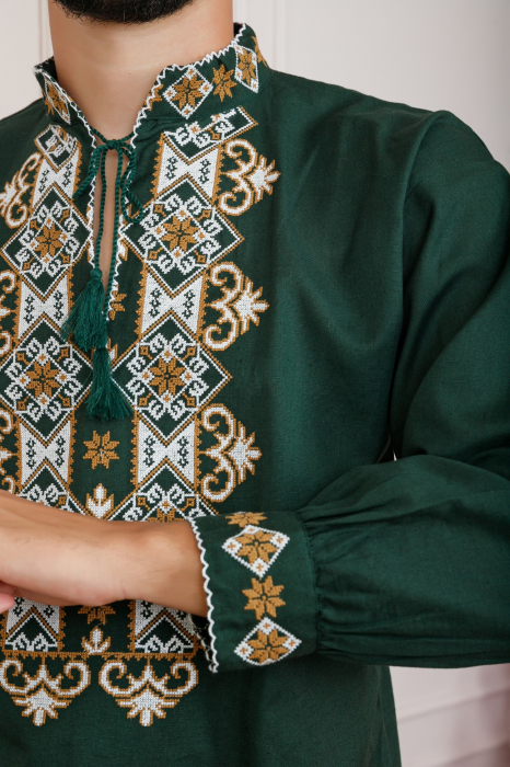 Camasa barbateasca traditionala verde cu motiv floral crem Codrin [2]