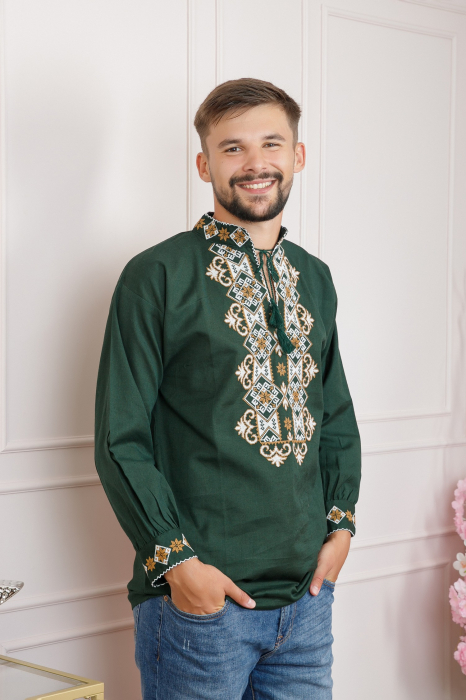 Camasa barbateasca traditionala verde cu motiv floral crem Codrin [3]
