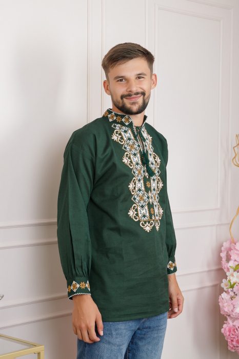 Camasa barbateasca traditionala verde cu motiv floral crem Codrin [4]