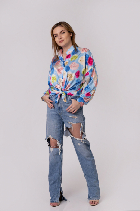 Camasa bleu cu imprimeu floral si nod in talie [5]