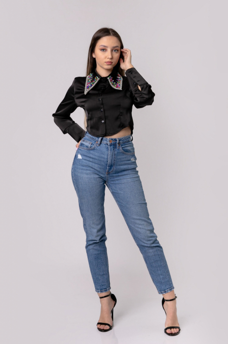 Camasa neagra cu guler stilizat cu pietre si perle [3]