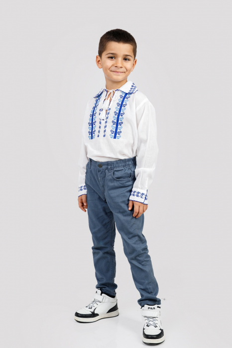 Camasa traditionala de baieti alba cu motiv floral albastru Albert [4]