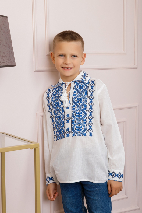 Camasa traditionala de baieti alba cu motiv floral albastru Codin [3]