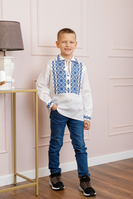 Camasa traditionala de baieti alba cu motiv floral albastru Codin [5]